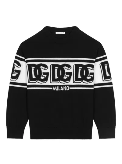 Dolce & Gabbana Kids' Dg Intarsia Virgin Wool Sweater In Black