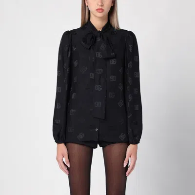DOLCE & GABBANA DOLCE&GABBANA BLACK JACQUARD SILK SATIN SHIRT WITH LOGO