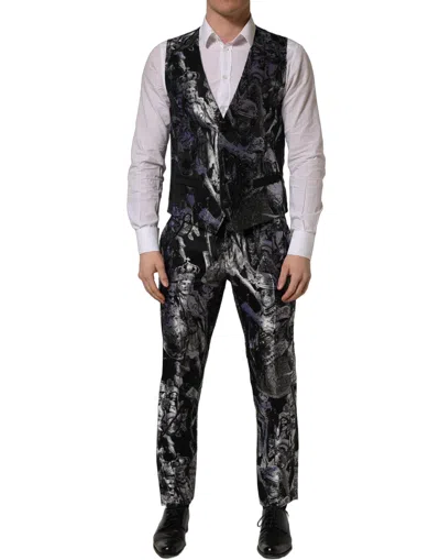 Dolce & Gabbana Black Jacquard Slim Fit Formal 3 Piece Suit In Blue