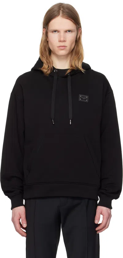 Dolce & Gabbana Black Jersey Branded Tag Hoodie In Nero