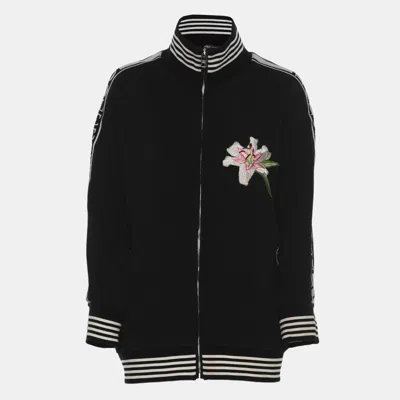 Pre-owned Dolce & Gabbana Black Jersey Floral Embroidered Bomber Jacket L