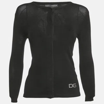 Pre-owned Dolce & Gabbana Black Jersey Logo Stud Detail Cardigan S