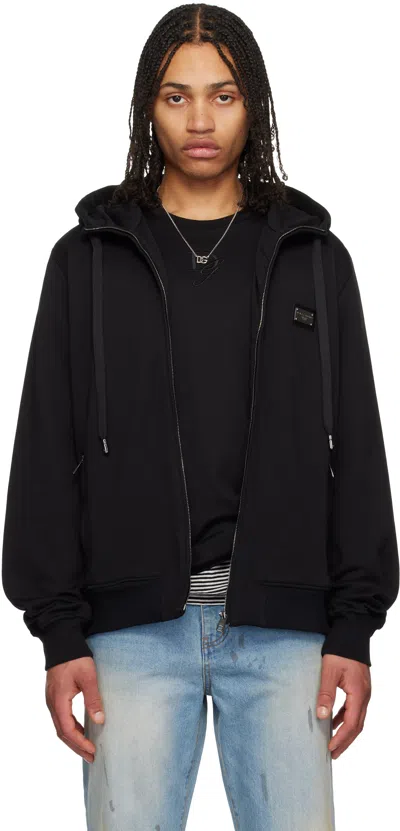 Dolce & Gabbana Black Jersey Zip-up Hoodie In Nero