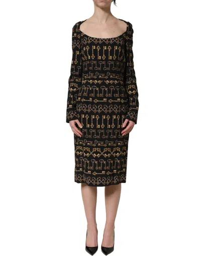 Dolce & Gabbana Black Key Print Long Sleeves Sheath Midi Women's Dress