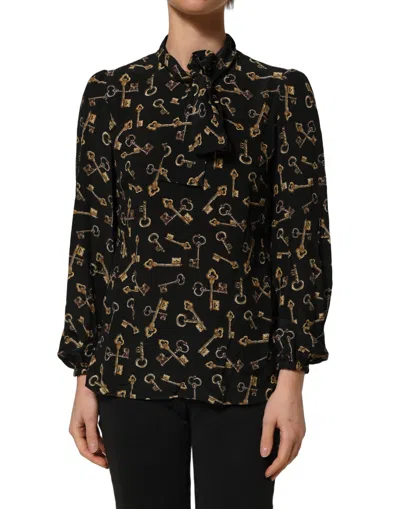 Dolce & Gabbana Black Keys Print Silk Tie Neck Blouse Women's Top
