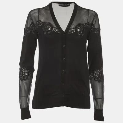 Pre-owned Dolce & Gabbana Black Knit And Mesh Lace Trim Cardigan M