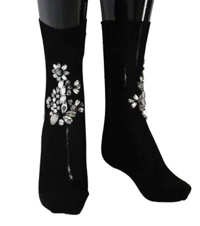 Pre-owned Dolce & Gabbana Black Knitted Floral Clear Crystal Socks