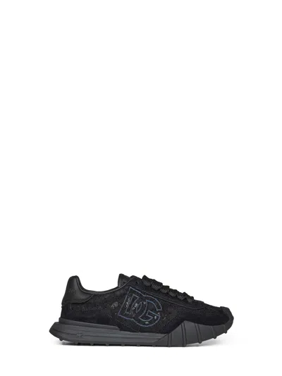 Dolce & Gabbana Black Lace And Calf Suede Low-top Sneakers