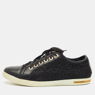 Pre-owned Dolce & Gabbana Black Lace And Leather Lace Up Sneakers Size 39