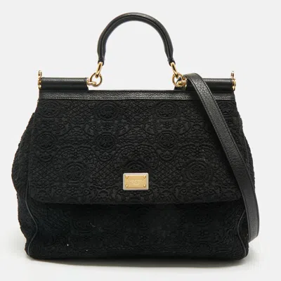Pre-owned Dolce & Gabbana Black Lace And Leather Large Miss Sicily Top Handle Bag