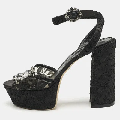 Pre-owned Dolce & Gabbana Black Lace And Mesh Crystal Platform Ankle Strap Sandals Size 40
