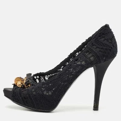 Pre-owned Dolce & Gabbana Black Lace And Mesh Embellished Peep Toe Pumps Size 39