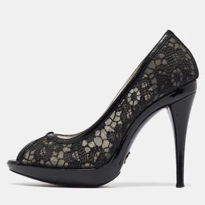 Pre-owned Dolce & Gabbana Black Lace And Patent Leather Peep Toe Platform Pumps Size 38.5