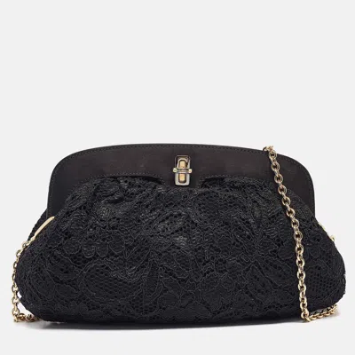 Pre-owned Dolce & Gabbana Black Lace And Satin Turnlock Frame Chain Clutch