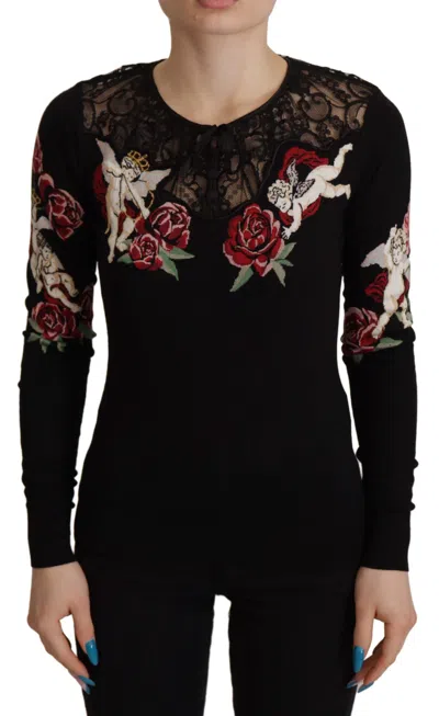 DOLCE & GABBANA DOLCE & GABBANA BLACK LACE ANGEL ROSES CARDIGAN WOMEN'S SWEATER
