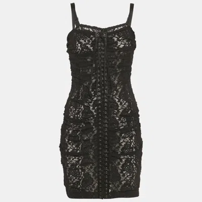 Pre-owned Dolce & Gabbana Black Lace Criss Cross Detail Sheer Mini Dress S