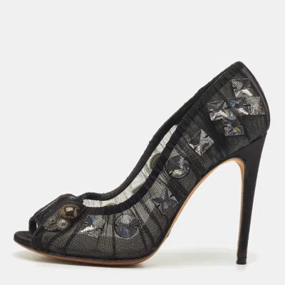 Pre-owned Dolce & Gabbana Black Lace Crystal Embellished Open Toe Pumps Size 38