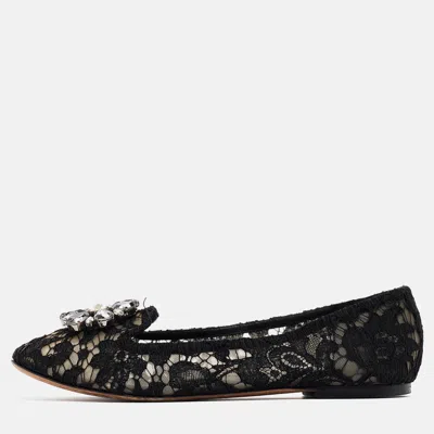 Pre-owned Dolce & Gabbana Black Lace Crystal Embellished Taormina Ballet Flats Size 40