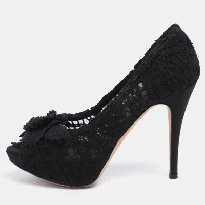 Pre-owned Dolce & Gabbana Black Lace Flower Lace Embellished Platform Pumps Size 38