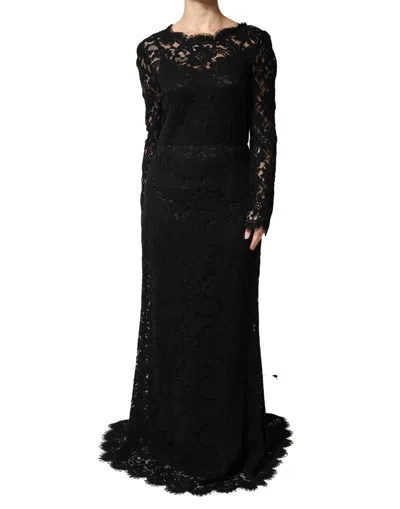 Dolce & Gabbana Black Lace Long Sleeves Cotton Maxi Dress
