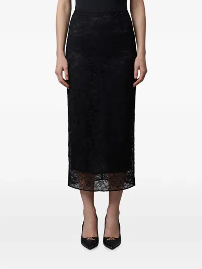 Dolce & Gabbana Lace Midi Skirt High Waist Sheer Hem In Multi