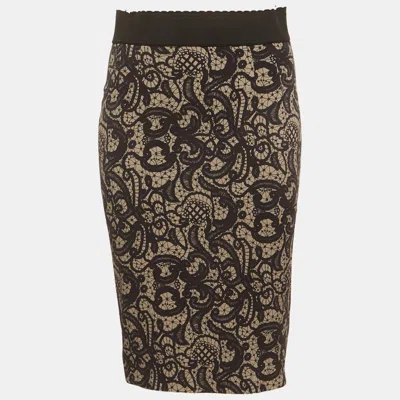 Pre-owned Dolce & Gabbana Black Lace Print Silk Pencil Skirt S