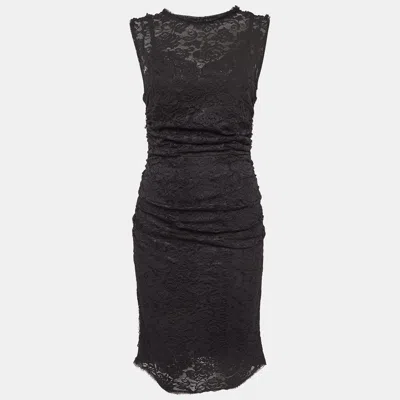 Pre-owned Dolce & Gabbana Black Lace Ruched Mid Dress M