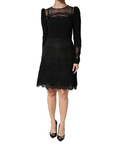 Dolce & Gabbana Floral Lace Trim Sheath A Line Dress In Black