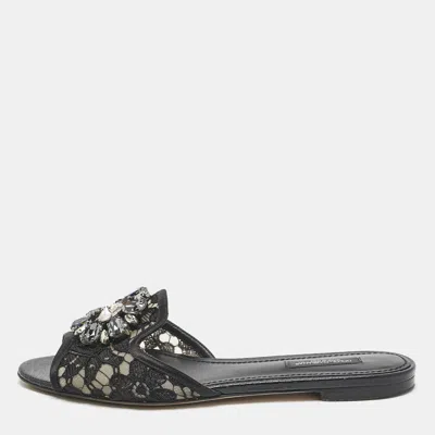 Pre-owned Dolce & Gabbana Black Lace Sofia Crystals Slide Flats Size 37