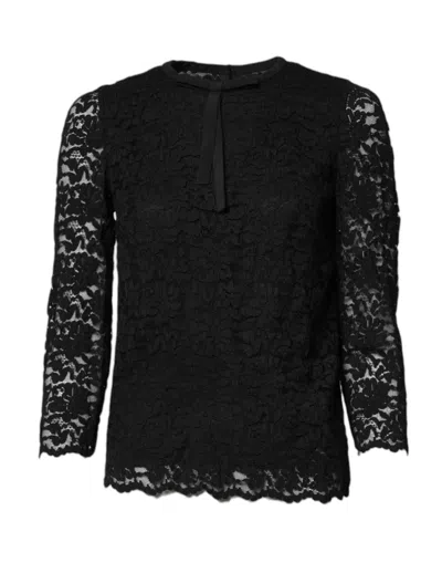 Pre-owned Dolce & Gabbana Black Lace Staff Crew Neck Long Sleeves Women's Top ()