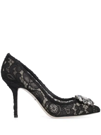 DOLCE & GABBANA DOLCE & GABBANA BLACK LACE STILETTO PUMPS WITH EMBELLISHMENTS