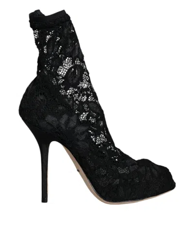 Dolce & Gabbana Black Lace Stretch Heels Mid Calf Boot Women's Shoes