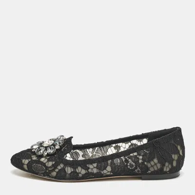 Pre-owned Dolce & Gabbana Black Lace Taormina Crystals Ballet Flats Size 37.5