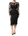 Dolce & Gabbana Black Lace Trim Cotton Sheath Midi Dress In Black