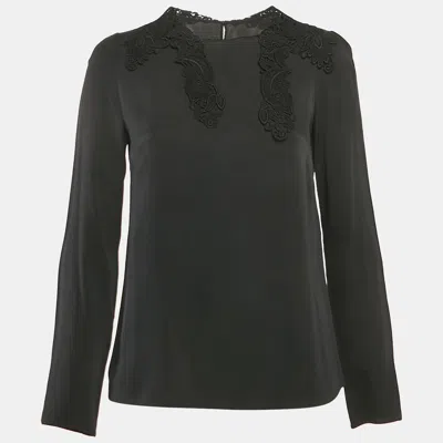 Pre-owned Dolce & Gabbana Black Lace Trim Stretch Silk Long Sleeve Top S