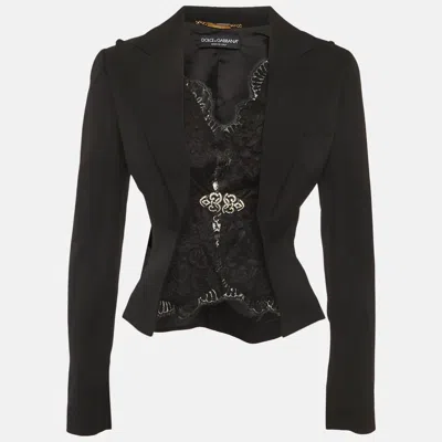 Pre-owned Dolce & Gabbana Black Lace Trim Wool Hook Detail Blazer S
