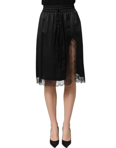 Dolce & Gabbana Black Lace Trimmed Satin Side Slit Women's Skirt