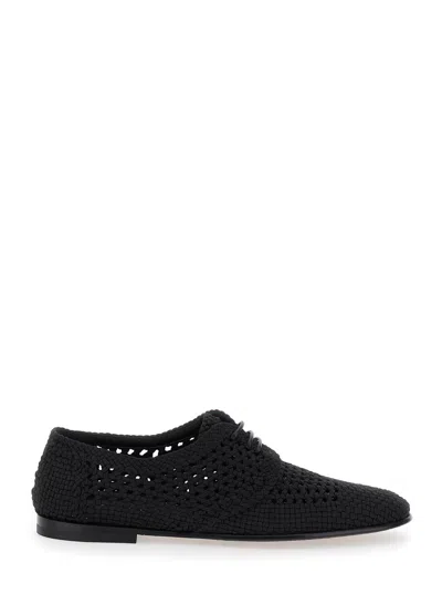 Dolce & Gabbana Black Lace-up Shoes With Woven Design In Fabric Man