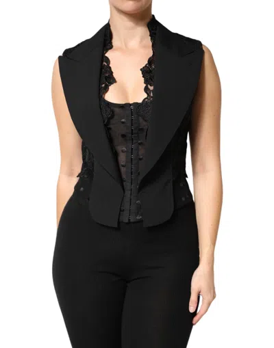 Dolce & Gabbana Black Lace V-neck Slit Hem Gathered Waist Vest Women's Jacket