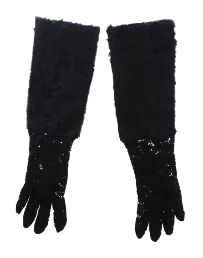 DOLCE & GABBANA DOLCE & GABBANA BLACK LACE WOOL LAMBSKIN FUR ELBOW WOMEN'S GLOVES