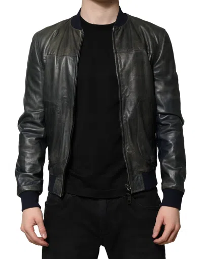 DOLCE & GABBANA DOLCE & GABBANA BLACK LAMBSKIN LEATHER BIKER FULL ZIP MEN'S JACKET