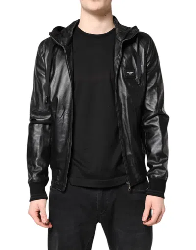 Pre-owned Dolce & Gabbana Black Lambskin Leather Full Zip Biker Men's Jacket ()