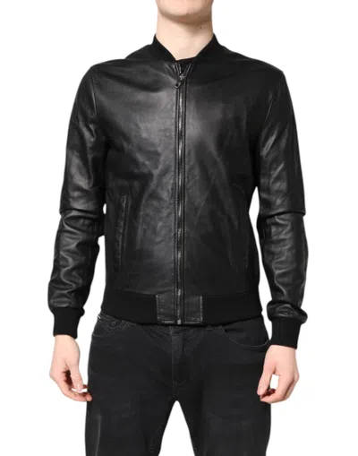 Pre-owned Dolce & Gabbana Black Lambskin Leather Full Zip Biker Men's Jacket ()