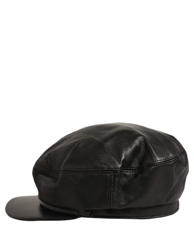 Dolce & Gabbana Black Lambskin Leather Newsboy Capello Women's Hat