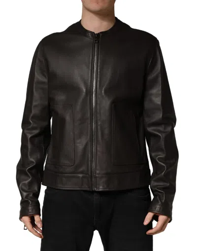 Dolce & Gabbana Black Lambskinleather Full Zip Biker Jacket In Burgundy