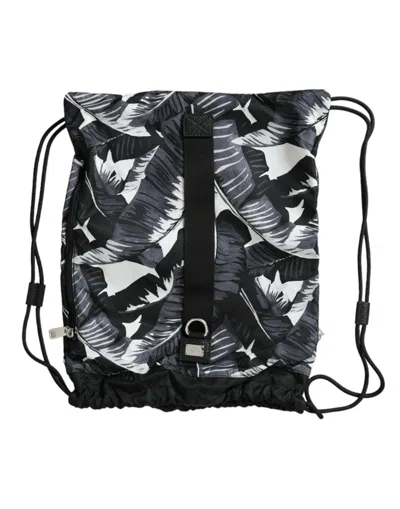Dolce & Gabbana Black Leaf Print Adjustable Drawstring Nap Sack Bag