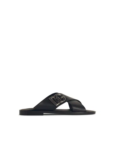 Dolce & Gabbana Black Leather Slippers