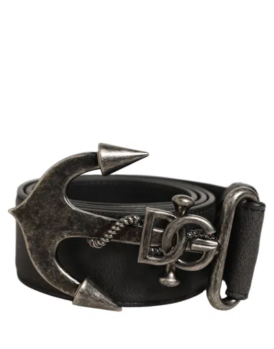 Dolce & Gabbana Black Leather Anchor Logo Metal Buckle Belt