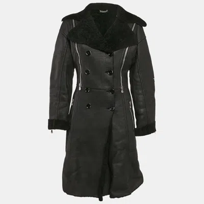 Pre-owned Dolce & Gabbana Black Leather And Fur Zip Detail Double Breasted Coat S