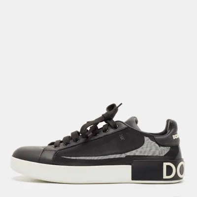 Pre-owned Dolce & Gabbana Black Leather And Mesh Portofino Low Top Sneakers Size 40